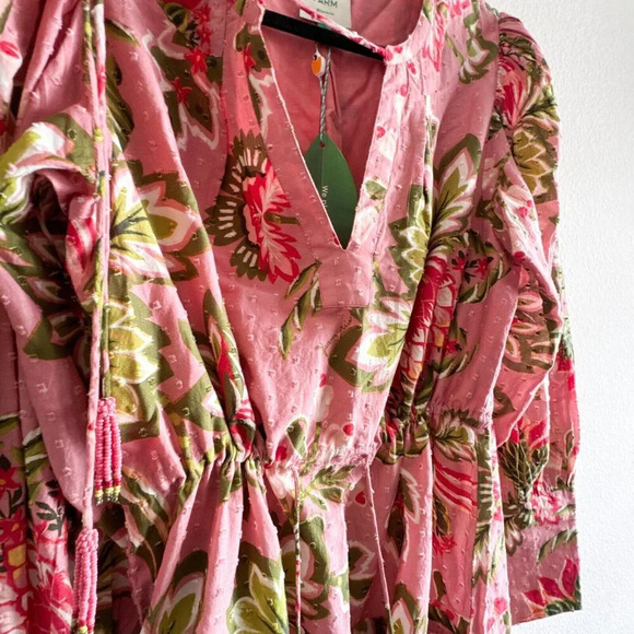 Farm Rio New Aura Floral Pink Tiered Mini Peasant Dress Medium Long Sleeve - Picture 6 of 15